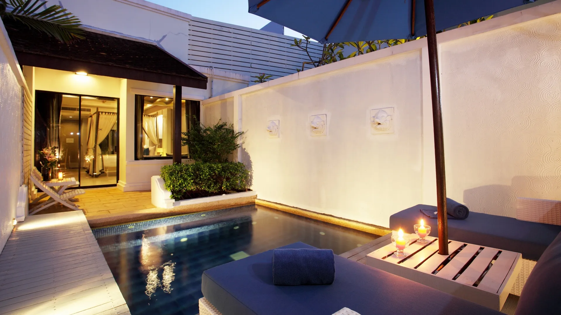 A private swimming pool at night